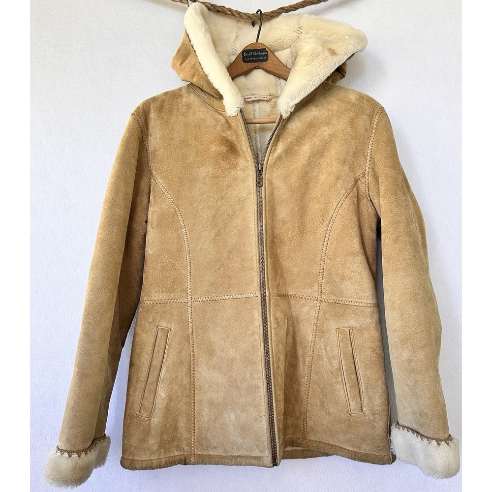 Fabio Suede Heavy Coat Sherpa Lined Tan Hooded Full Zip Women's Small
